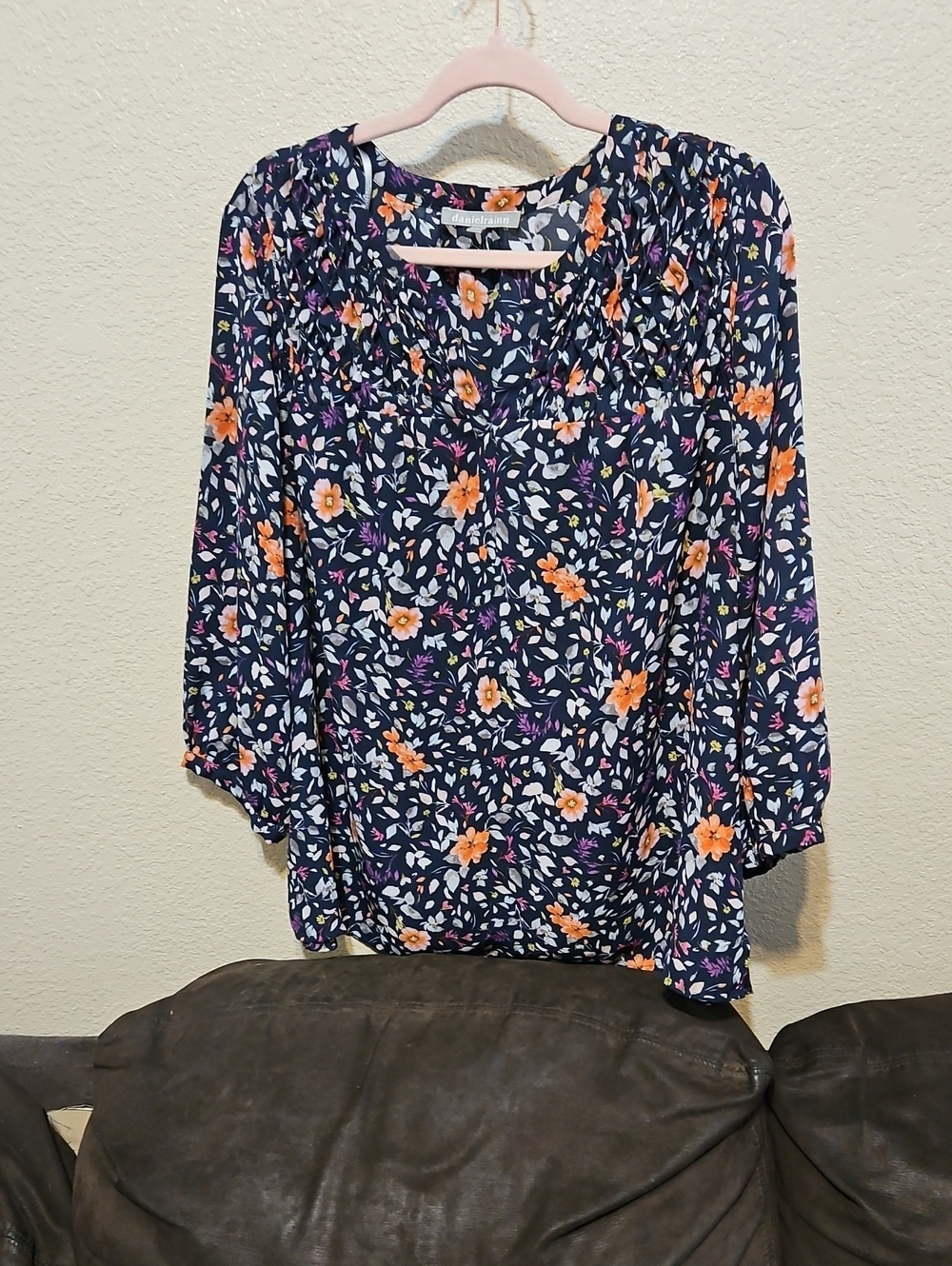 Daniel Rainn Navy Floral Blouse with Orange and Purple Blooms